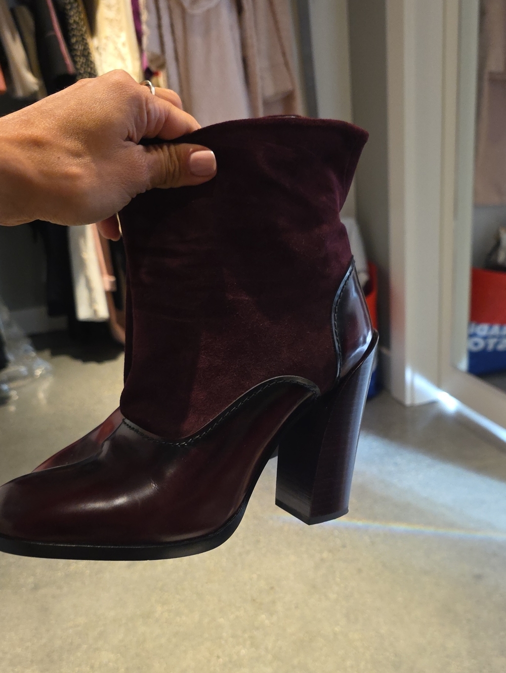 Jil Sander Burgundy Suede and Leather Block Heel Ankle Boots